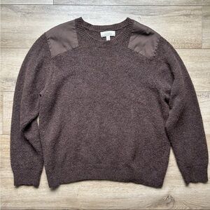 Cabelas Sweater Wool Blend Mens L Brown Pullover Crewneck Knit Shoulder Patches
